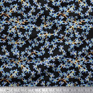 Soimoi Black Cotton Canvas Fabric Forget Me Not Bush Floral Print Fabric by The Yard 58 Inch Wide