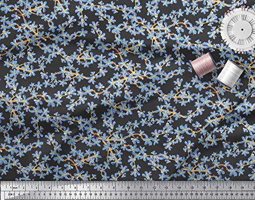 Soimoi Black Cotton Canvas Fabric Forget Me Not Bush Floral Print Fabric by The Yard 58 Inch Wide
