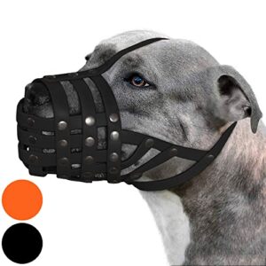 bronzedog pitbull dog muzzle amstaff waterproof basket breathable mesh stop biting chewing adjustable mask for large dogs (black)