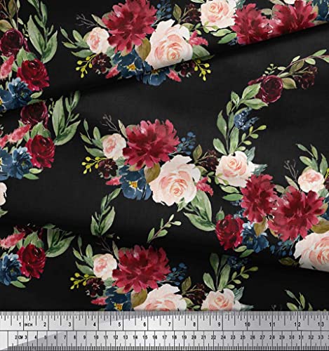 Soimoi Black Cotton Canvas Fabric Ranunculus & Penoy Floral Print Printed Craft Fabric by The Yard 44 Inch Wide