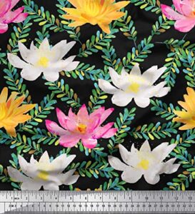 soimoi black cotton canvas fabric leaves & water lily floral print print fabric by the yard 44 inch wide