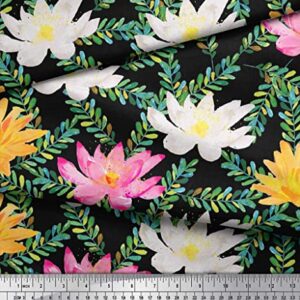 Soimoi Black Cotton Canvas Fabric Leaves & Water Lily Floral Print Print Fabric by The Yard 44 Inch Wide