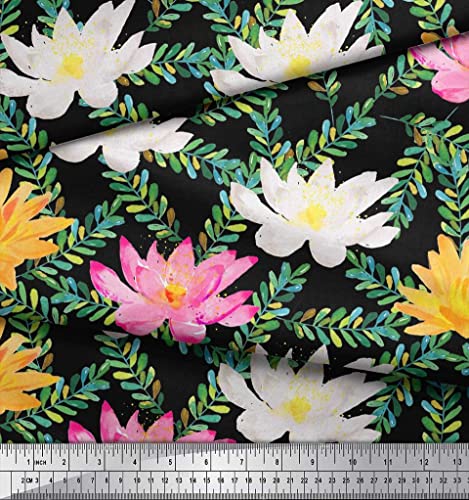 Soimoi Black Cotton Canvas Fabric Leaves & Water Lily Floral Print Print Fabric by The Yard 44 Inch Wide