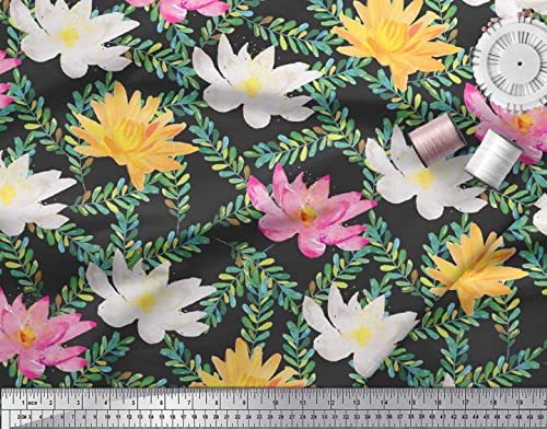Soimoi Black Cotton Canvas Fabric Leaves & Water Lily Floral Print Print Fabric by The Yard 44 Inch Wide
