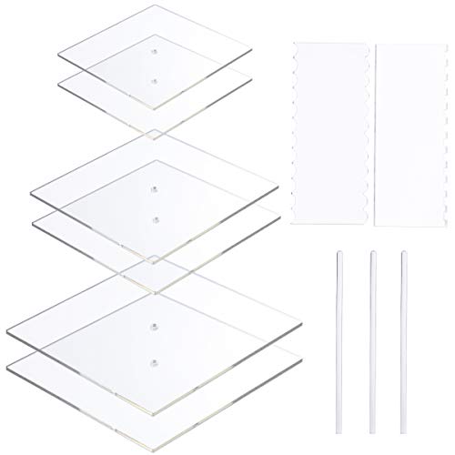 AQUIVER Acrylic Square Cake Disk Set - Cake Discs Circle Base Boards with Center Hole - 2 Comb Scrapers (4 Patterns) & 3 Dowel Rod - 6.25", 8.25", 10.25", 2 of Each Size - Supplies for 3 Tier Cakes