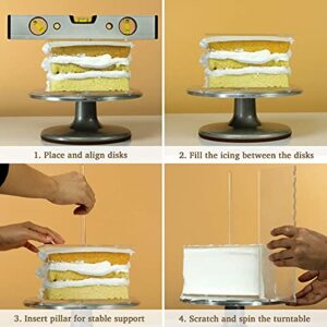 AQUIVER Acrylic Square Cake Disk Set - Cake Discs Circle Base Boards with Center Hole - 2 Comb Scrapers (4 Patterns) & 3 Dowel Rod - 6.25", 8.25", 10.25", 2 of Each Size - Supplies for 3 Tier Cakes