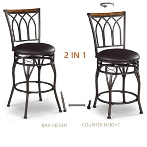 KATDANS Swivel Bar Stools Set of 2, 24-29 Inch Adjustable Seat Height Bar Stool with Back, Brown Leather Kitchen Island Stools for Pub, Bistro, Restaurant, Brown Seat-Black Metal Frame, KS902P