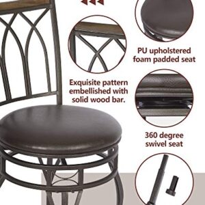 KATDANS Swivel Bar Stools Set of 2, 24-29 Inch Adjustable Seat Height Bar Stool with Back, Brown Leather Kitchen Island Stools for Pub, Bistro, Restaurant, Brown Seat-Black Metal Frame, KS902P