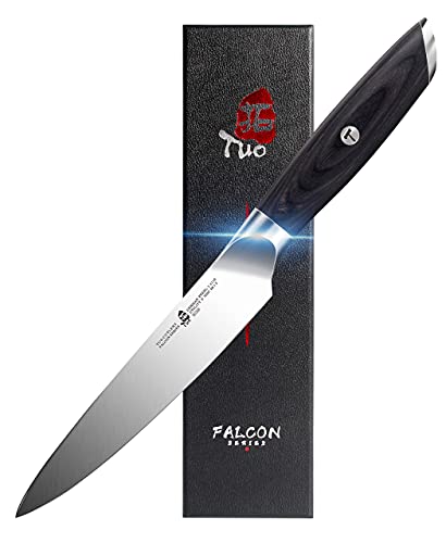 TUO Kitchen Utility Knife - 5 inch Kitchen Cooking Knife Paring Knife- German HC Steel Non-Serrated Steak Knife - Full Tang Pakkawood Handle - Falcon Series with Gift Box