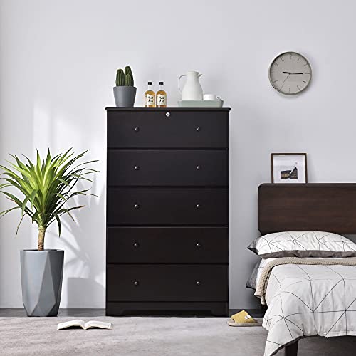 Better Home Products 100% Solid Pine Wood Super Jumbo Chest 5 Deep Drawers; Storage Dresser with Lock; Lock & Key Included. (5 Drawers, Tobacco) Easy Assembly