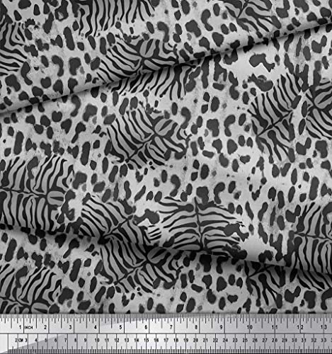 Soimoi Gray Cotton Canvas Fabric Leopard & Tiger Animal Skin Printed Fabric 1 Yard 44 Inch Wide