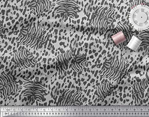 Soimoi Gray Cotton Canvas Fabric Leopard & Tiger Animal Skin Printed Fabric 1 Yard 44 Inch Wide