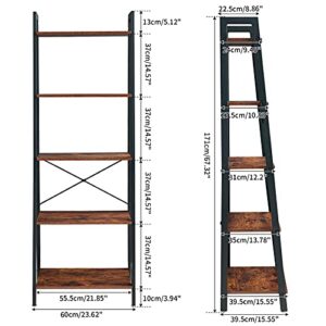 YMYNY Ladder Shelf, Industrial 5 Tier Bookshelf, Standing Bookcase, Multifunctional Open Storage Rack, Plant Stand, 23.6 x 15.5 x 67.3 inch, Metal Frame, Rustic Brown, UHTMJ017H