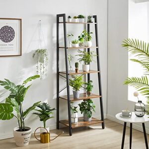 YMYNY Ladder Shelf, Industrial 5 Tier Bookshelf, Standing Bookcase, Multifunctional Open Storage Rack, Plant Stand, 23.6 x 15.5 x 67.3 inch, Metal Frame, Rustic Brown, UHTMJ017H