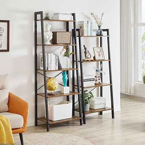 YMYNY Ladder Shelf, Industrial 5 Tier Bookshelf, Standing Bookcase, Multifunctional Open Storage Rack, Plant Stand, 23.6 x 15.5 x 67.3 inch, Metal Frame, Rustic Brown, UHTMJ017H