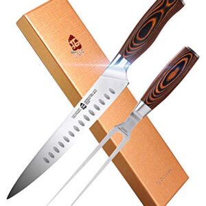 TUO Slicing Set - 9" Carving Knife & 7" Fork - Hollow Ground German Stainless Steel Carving Knife and Fork Set 2 Pcs - Pakkawood Handle - Luxurious Gift Box Included - Fiery Phoenix Series