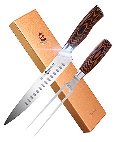 TUO Slicing Set - 9" Carving Knife & 7" Fork - Hollow Ground German Stainless Steel Carving Knife and Fork Set 2 Pcs - Pakkawood Handle - Luxurious Gift Box Included - Fiery Phoenix Series