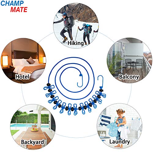 Champmate Portable Clothesline with 12 Clothespins Elastic Windproof Travel Stretchy Retractable Laundry Clothes Drying Line for Backyard Vacation Hotel Outdoor and Indoor Balcony (Black&Blue)