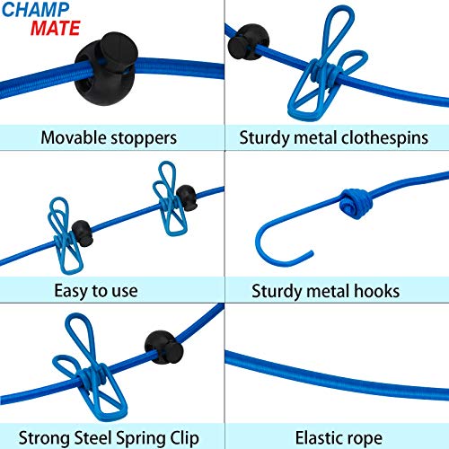 Champmate Portable Clothesline with 12 Clothespins Elastic Windproof Travel Stretchy Retractable Laundry Clothes Drying Line for Backyard Vacation Hotel Outdoor and Indoor Balcony (Black&Blue)