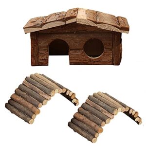 hamiledyi hamster hideout wooden house,natural wood rat hut hamster bridge for dwarf hamster mouse playing hiding