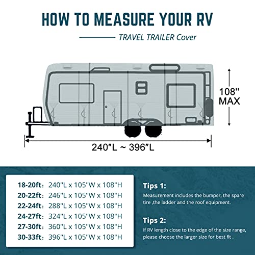 KING BIRD 210D Oxford Travel Trailer RV Cover, Rip-Stop Grid-Woven, Fits 27-30Ft Camper Motorhome - Waterproof, Windproof, Anti-UV with 2 PCS Straps & 4 Tire Covers