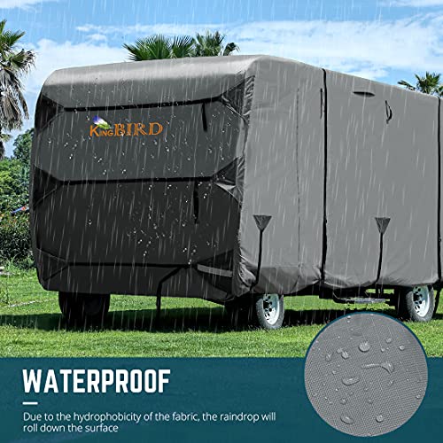 KING BIRD 210D Oxford Travel Trailer RV Cover, Rip-Stop Grid-Woven, Fits 27-30Ft Camper Motorhome - Waterproof, Windproof, Anti-UV with 2 PCS Straps & 4 Tire Covers