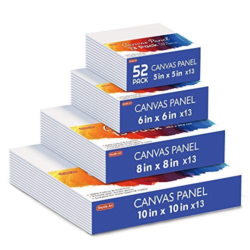 Shuttle Art Painting Canvas Panel, 52 Multi Pack, 5x5, 6x6, 8x8, 10x10 inch (13 PCS of Each), 100% Cotton Art Canvas Board Primed White, Blank Canvas for Kids Adults for Acrylic Oil Painting