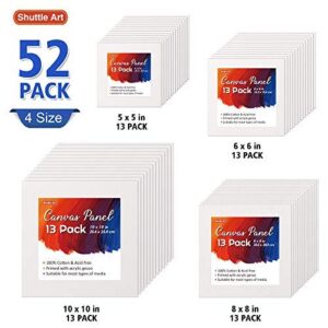 Shuttle Art Painting Canvas Panel, 52 Multi Pack, 5x5, 6x6, 8x8, 10x10 inch (13 PCS of Each), 100% Cotton Art Canvas Board Primed White, Blank Canvas for Kids Adults for Acrylic Oil Painting