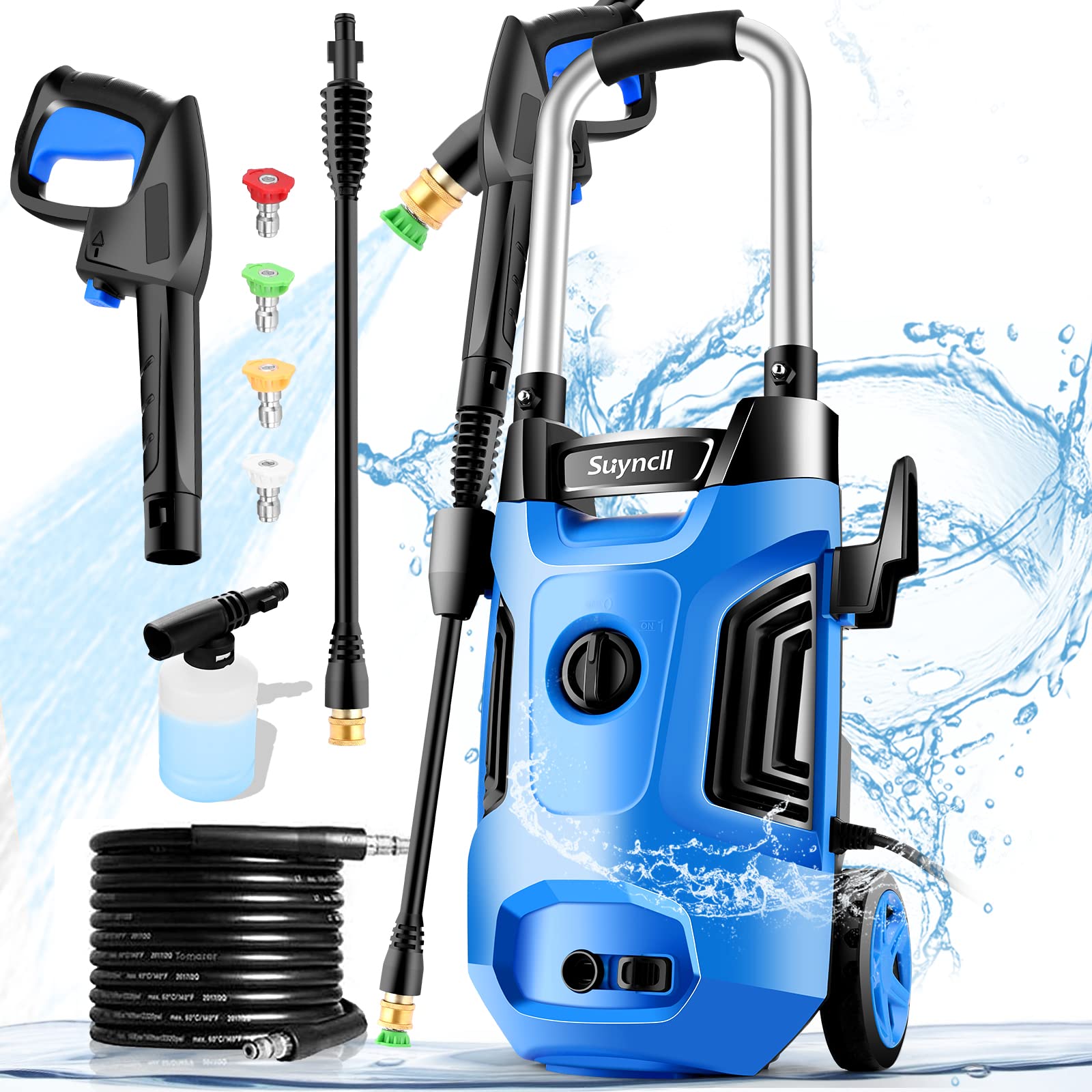 Suyncll Electric Pressure Washer Powered, 2.5 GPM Power Washer 1800W High Pressure Car Cleaner with 4 Nozzles, 20 Ft Hose & 35 Ft Wire, CSA Compliant, Blue