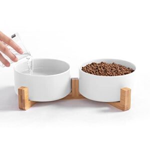 Ihoming Cat Bowls, Puppy Ceramic Food and Water Bowls Set, 1 3/4 Cups X 2, Indoors White Pet Bowls with Wood Stand