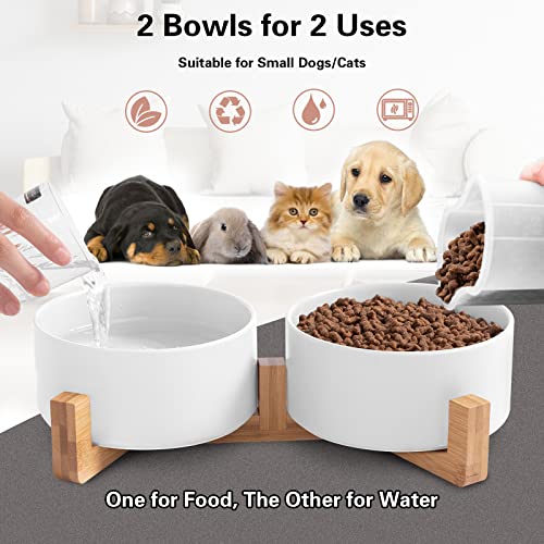 Ihoming Cat Bowls, Puppy Ceramic Food and Water Bowls Set, 1 3/4 Cups X 2, Indoors White Pet Bowls with Wood Stand