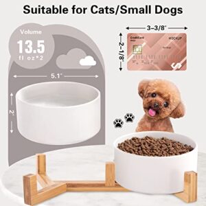 Ihoming Cat Bowls, Puppy Ceramic Food and Water Bowls Set, 1 3/4 Cups X 2, Indoors White Pet Bowls with Wood Stand