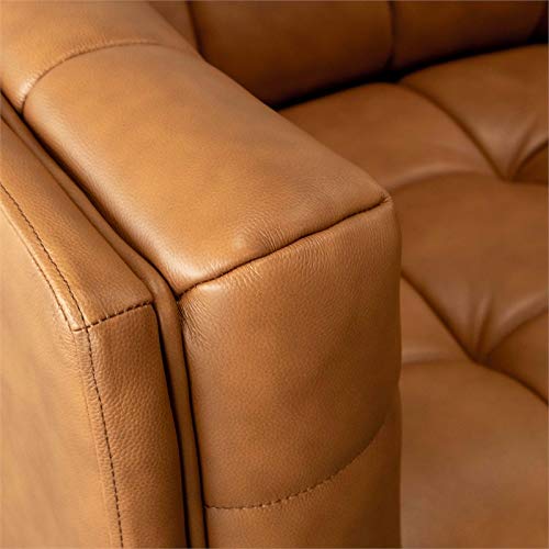 Ashcroft Furniture Co Allen Mid Century Modern Tufted Genuine Leather Sofa in Cognac Tan