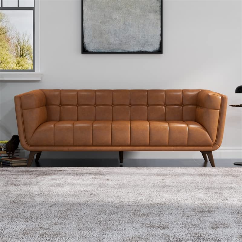 Ashcroft Furniture Co Allen Mid Century Modern Tufted Genuine Leather Sofa in Cognac Tan