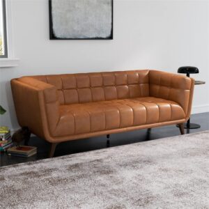 Ashcroft Furniture Co Allen Mid Century Modern Tufted Genuine Leather Sofa in Cognac Tan