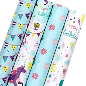 WRAPAHOLIC Birthday Wrapping Paper Roll - Unicorns and Celebration Banners Set for Party, Celebrating, Baby Shower Present Packing - 4 Rolls - 30 inch X 120 inch Per Roll