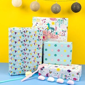 WRAPAHOLIC Birthday Wrapping Paper Roll - Unicorns and Celebration Banners Set for Party, Celebrating, Baby Shower Present Packing - 4 Rolls - 30 inch X 120 inch Per Roll