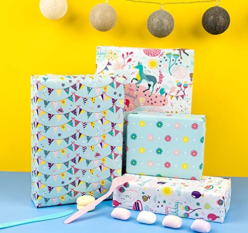 WRAPAHOLIC Birthday Wrapping Paper Roll - Unicorns and Celebration Banners Set for Party, Celebrating, Baby Shower Present Packing - 4 Rolls - 30 inch X 120 inch Per Roll