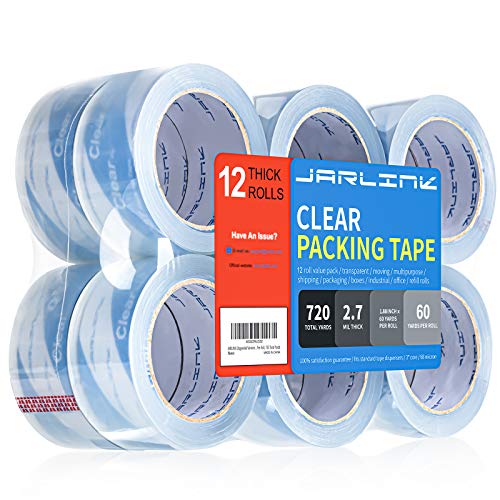 JARLINK Upgraded Version Clearer Packing Tape 12 Rolls, Heavy Duty Packaging Tape for Shipping Packaging Moving Sealing, 2.7mil Thick, 1.88 inches Wide, 60 Yards Per Roll, 720 Total Yards