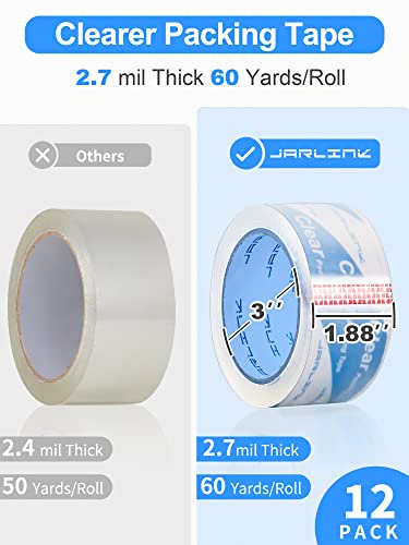 JARLINK Upgraded Version Clearer Packing Tape 12 Rolls, Heavy Duty Packaging Tape for Shipping Packaging Moving Sealing, 2.7mil Thick, 1.88 inches Wide, 60 Yards Per Roll, 720 Total Yards