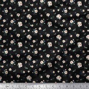 Soimoi Black Cotton Canvas Fabric Leaves & Rose Floral Print Fabric by The Yard 58 Inch Wide