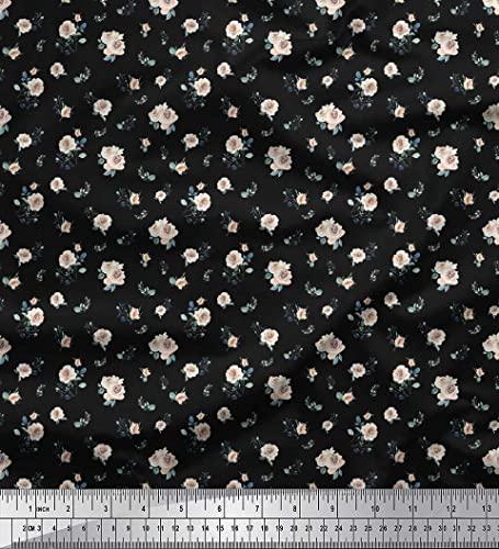 Soimoi Black Cotton Canvas Fabric Leaves & Rose Floral Print Fabric by The Yard 58 Inch Wide