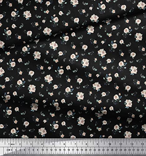 Soimoi Black Cotton Canvas Fabric Leaves & Rose Floral Print Fabric by The Yard 58 Inch Wide