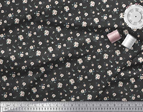 Soimoi Black Cotton Canvas Fabric Leaves & Rose Floral Print Fabric by The Yard 58 Inch Wide