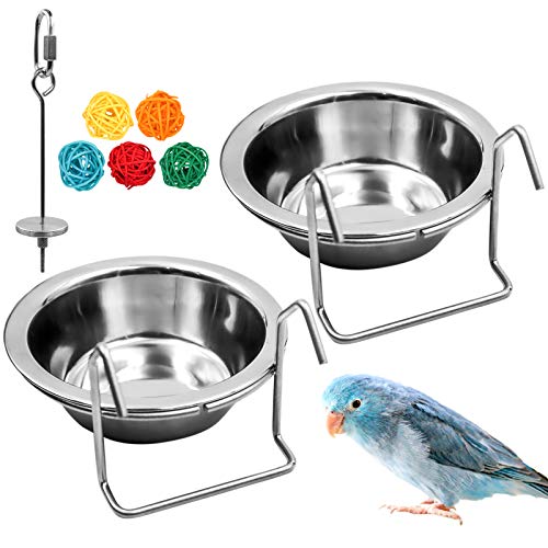 2 Pack Bird Feeder Birds Bowls Stainless Steel Dishes Coop Cups with Wire Hook, Parrot Feeding Dish Cups Food Water Bowls with Bird Food Holder and Rattan Ball for Finches Lovebirds (Set 1)