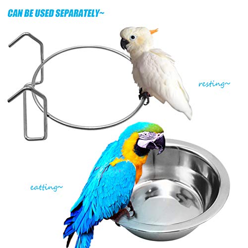 2 Pack Bird Feeder Birds Bowls Stainless Steel Dishes Coop Cups with Wire Hook, Parrot Feeding Dish Cups Food Water Bowls with Bird Food Holder and Rattan Ball for Finches Lovebirds (Set 1)