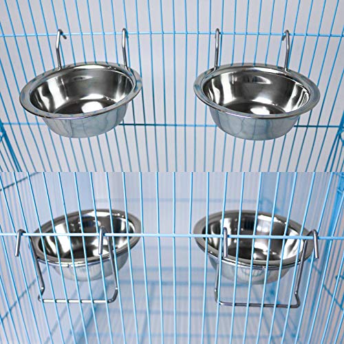 2 Pack Bird Feeder Birds Bowls Stainless Steel Dishes Coop Cups with Wire Hook, Parrot Feeding Dish Cups Food Water Bowls with Bird Food Holder and Rattan Ball for Finches Lovebirds (Set 1)