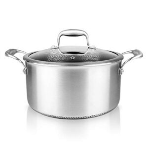 nutrichef 5 qt stainless steel stew pot - triply kitchenware stew pot with glass lid - dakin etching non-stick coating, scratch-resistant raised-up honeycomb fire textured pattern - nutrichef nc3pcas
