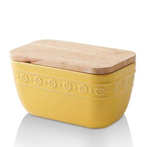 koov porcelain butter dish with lid for countertop, airtight butter container with oak lid, butter dishes with covers, butter crock (yellow)