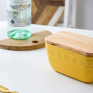 KOOV Porcelain Butter Dish with Lid for Countertop, Airtight Butter Container with Oak Lid, Butter Dishes with Covers, Butter Crock (Yellow)